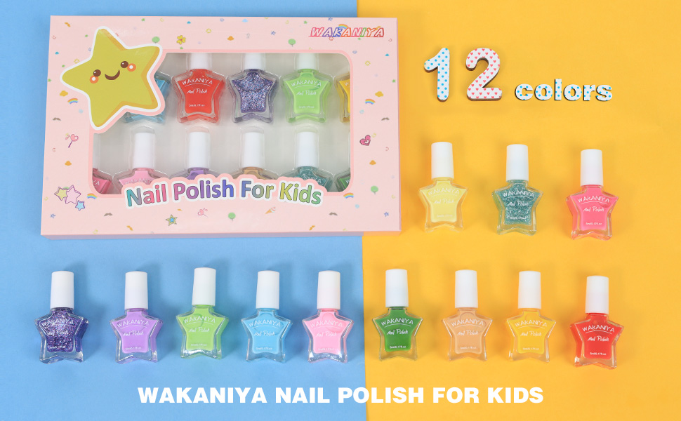wakaniya Girls Nail Polish, 12 Colors Kids Nail Polish Set WaterBased NonToxic Nail Varnish