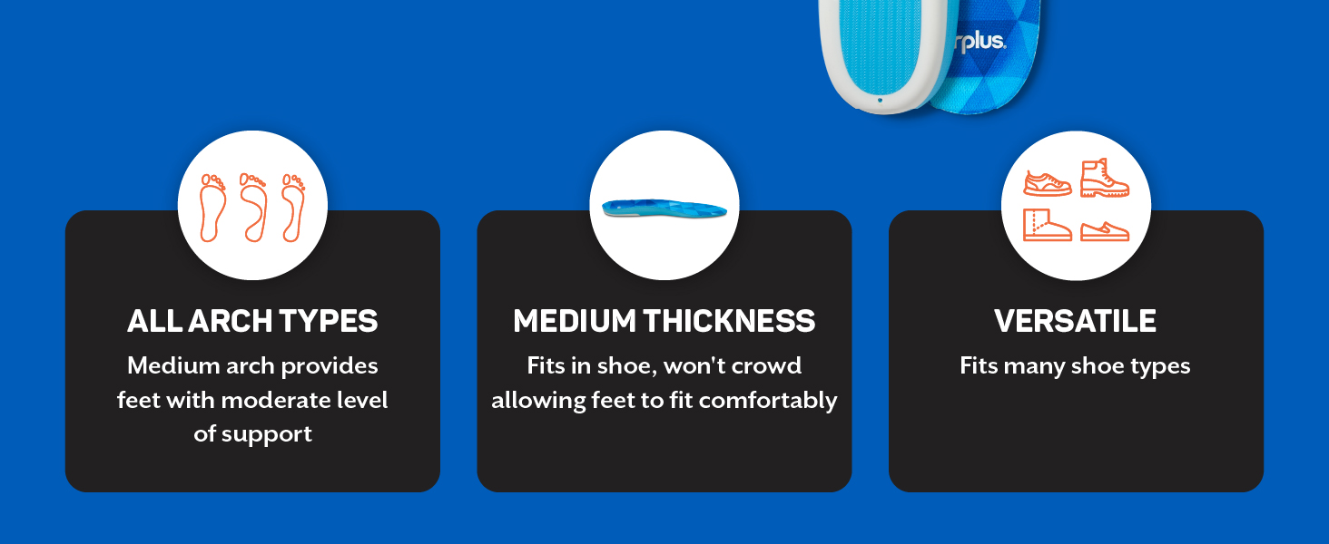 Great for all arch types, medium thickness, versatile fits many shoe types