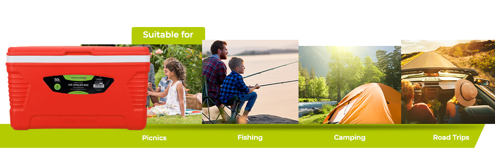 Royalford Insulated 50L Ice Cooler Box, 3 Layer Thermal Chiller Box Portable Ice Box Red