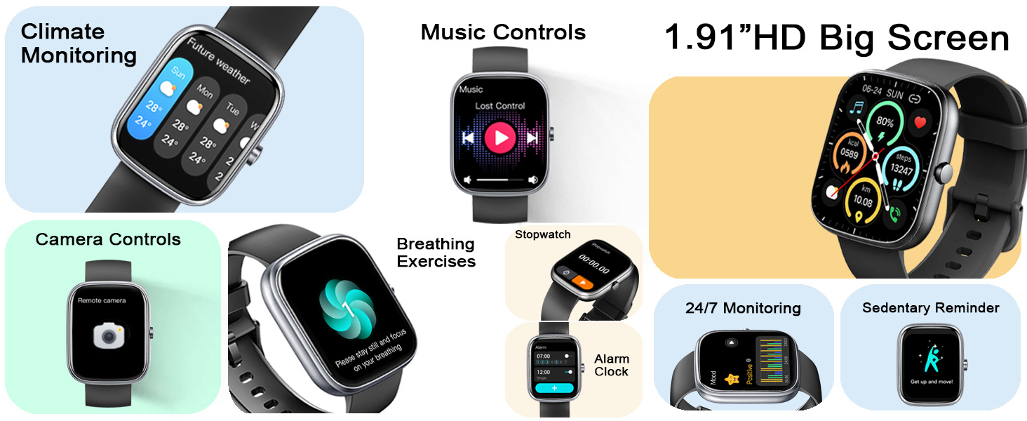 Smartwatch interface displays showing various features including climate monitoring, music controls, and health tracking on a 1.91-inch HD screen.