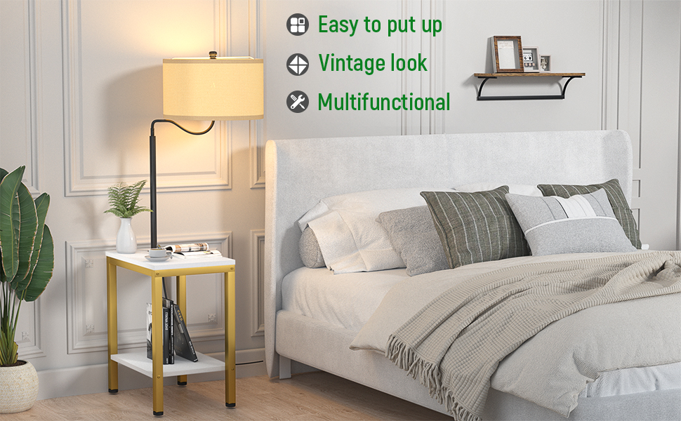 LityMax LED Floor Lamp with Table End Table with Power Outlet and USB