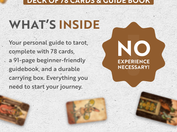 Vintage tarot card deck and guidebook set with 78 cards, 91-page beginner guide, and carrying box