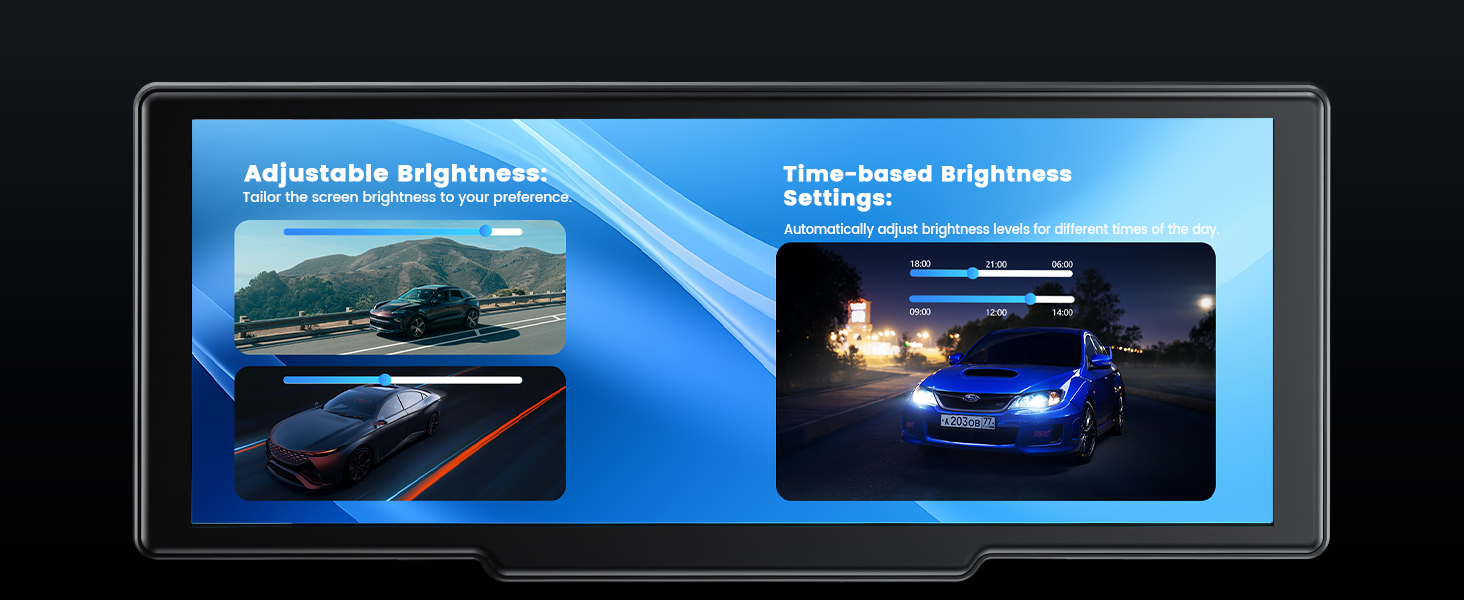 Car dashboard display showing split-screen view of adjustable brightness settings and time-based nighttime assist feature.