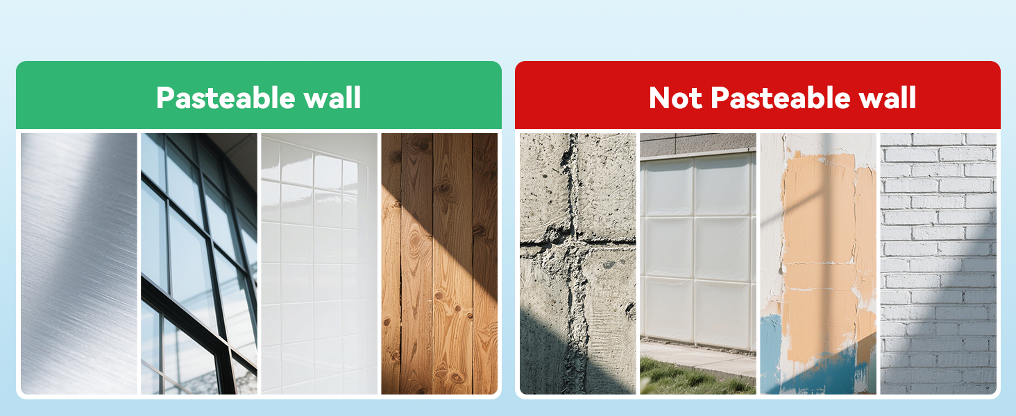 Comparison of wall surfaces labeled 'Pasteable wall' and 'Not Pasteable wall'. Smooth surfaces like glass, tile, and painted wood contrast with rough textures like brick and concrete.
