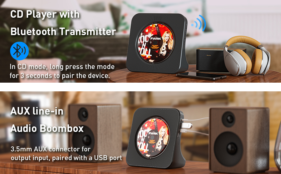 QUALORI Desktop CD Player with Bluetooth, CD Music Player for Home, Builtin Dual Speakers