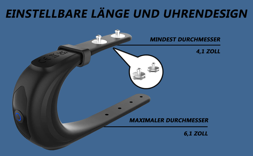 Der Text lautet „EINSTELLBARE LÄNGE UND UHRENDESIGN“. Technische Abbildung, die das verstellbare Uhrenarmband mit Messanzeigen und Designelementen in Schwarz zeigt.