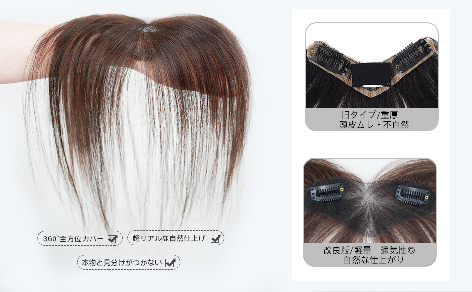   レベッカ前髪ウィッグ、人毛前髪、医療用部分ウィッグ、薄い、ナチュラルフリンジ、生え際カバー、白髪隠し、トップサプリメント、女性用髪織り
