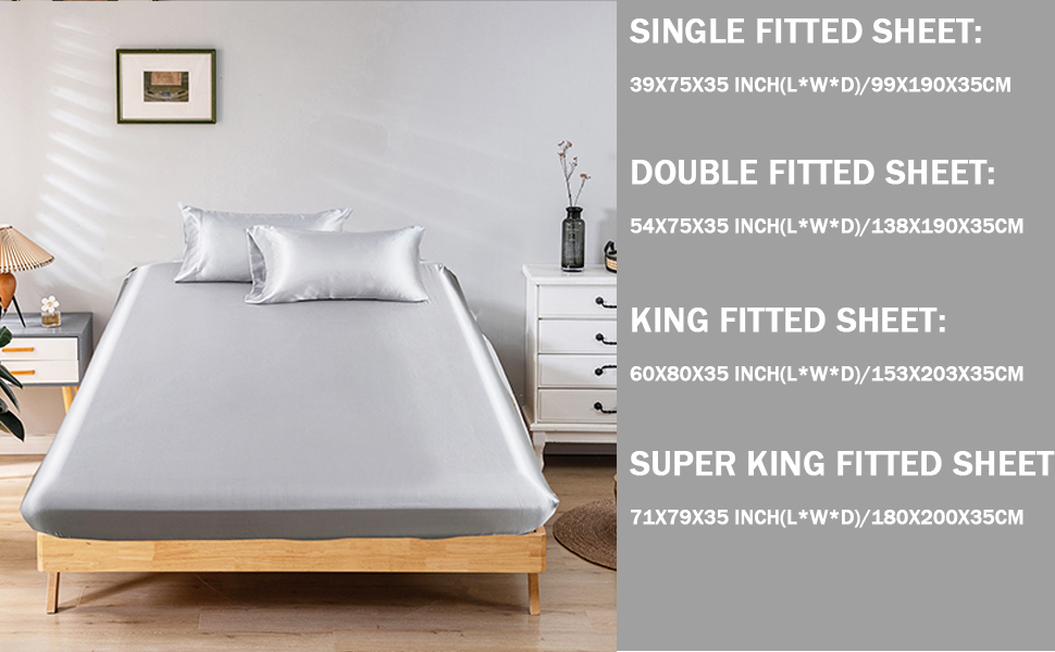 DuShow Satin Fitted Sheet Double Sliver Grey,Stripe Silky Deep Pocket