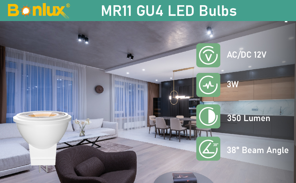 Bonlux Bombilla LED MR11 GU4.0 de 3 W de 12 V, base G4 bi