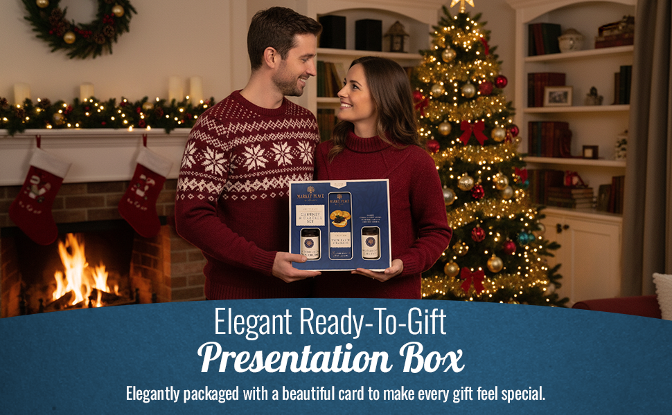 Text reads 'Elegant Ready-to-Gift' and 'Presentation box'. Holiday-themed scene with decorated Christmas tree, fireplace, and gift packaging display.