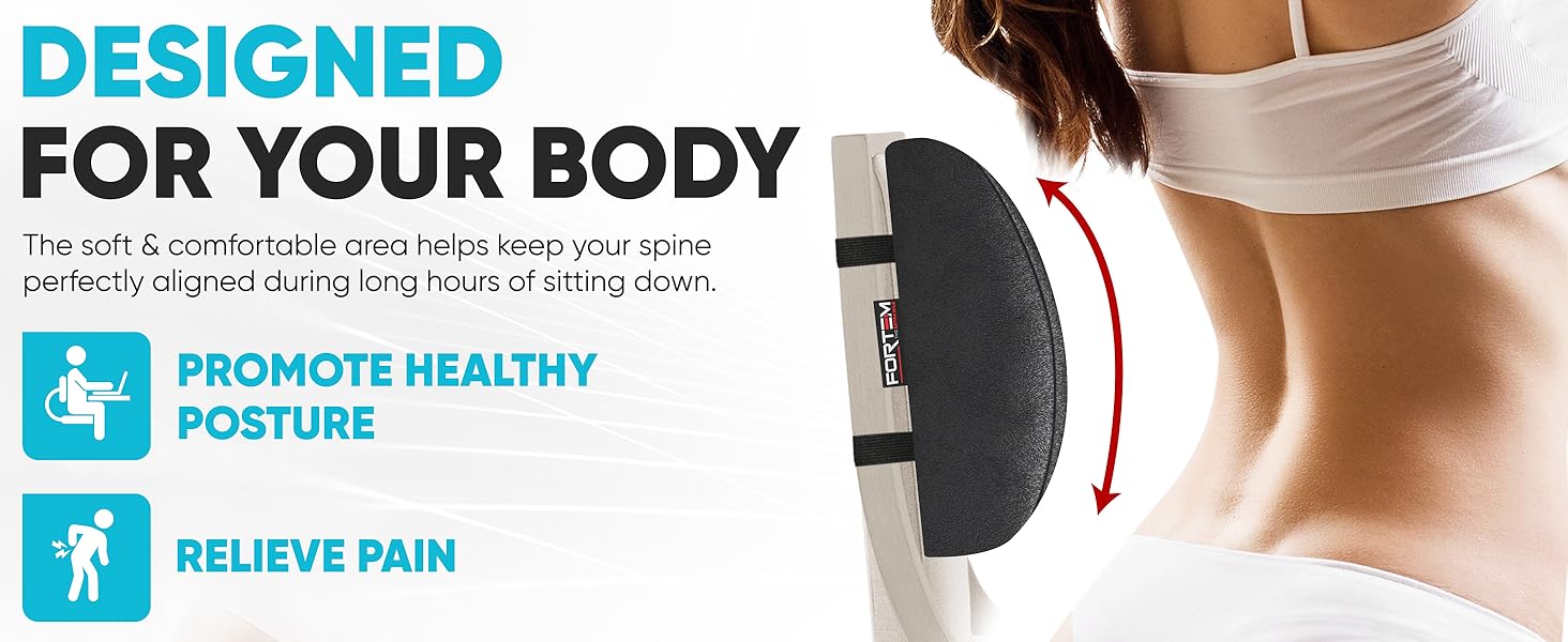 lumbar pillow shown with curvature of back spine on a chair. showing shape of the pillow