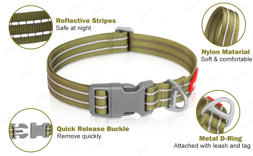 Tacwild Reflective Adjustable Dog Collar with DRing