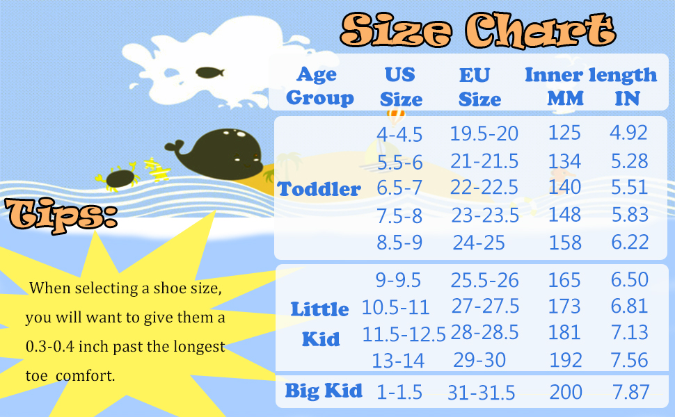 summer clogs sizechart