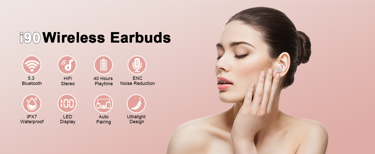 Wireless earbuds product advertisement showing feature icons including battery life, noise control, and microphone, displayed against a pink background.