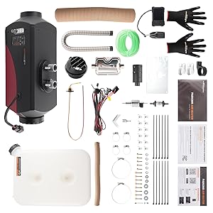 Comprehensive kit layout showing various components including black control unit, cables, straps, gloves, connectors, and mounting hardware spread on white background.