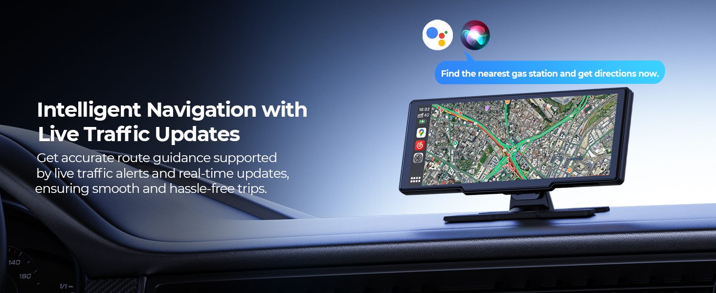 Car dashboard-mounted GPS device with wide screen displaying map. Text highlights intelligent navigation features with live traffic updates for accurate route guidance.