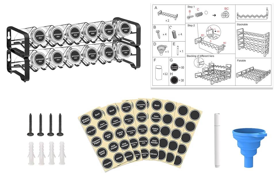Lekind Spice Racks with Jars Spice Organizer with 12 Empty Square Spice
