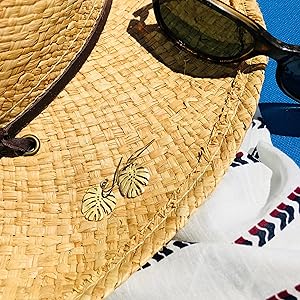 Monstera earrings with straw hat, sunglasses and scarf
