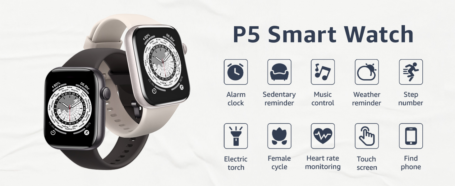 Smart watch with black band showing multiple function icons. Features include heart rate monitoring, notifications, fitness tracking displayed on round digital face.