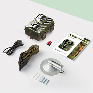 Camouflage-patterned electronic device with accessories including cable, manual, and mounting hardware on white background.
