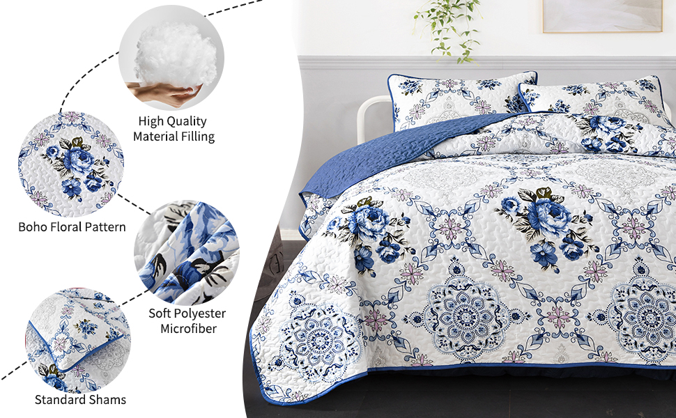 Menghomeus Blue Boho Quilt Set King, Patchwork Floral Bedspread Paislay