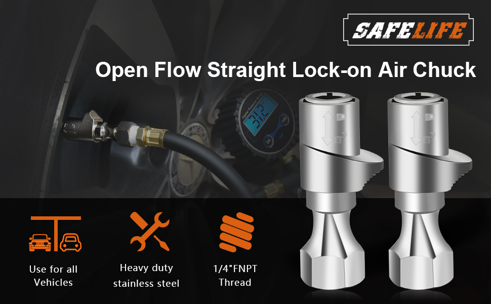SAFELIFE Air Chuck, Heavy Duty Open Flow Lock On Tire Chuck