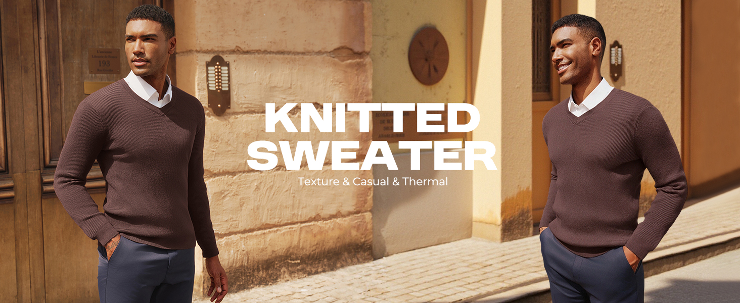 Mens Knitted Sweater Casual V Neck Knitted Pullover lightweight Ribbed Knit Sweaters
