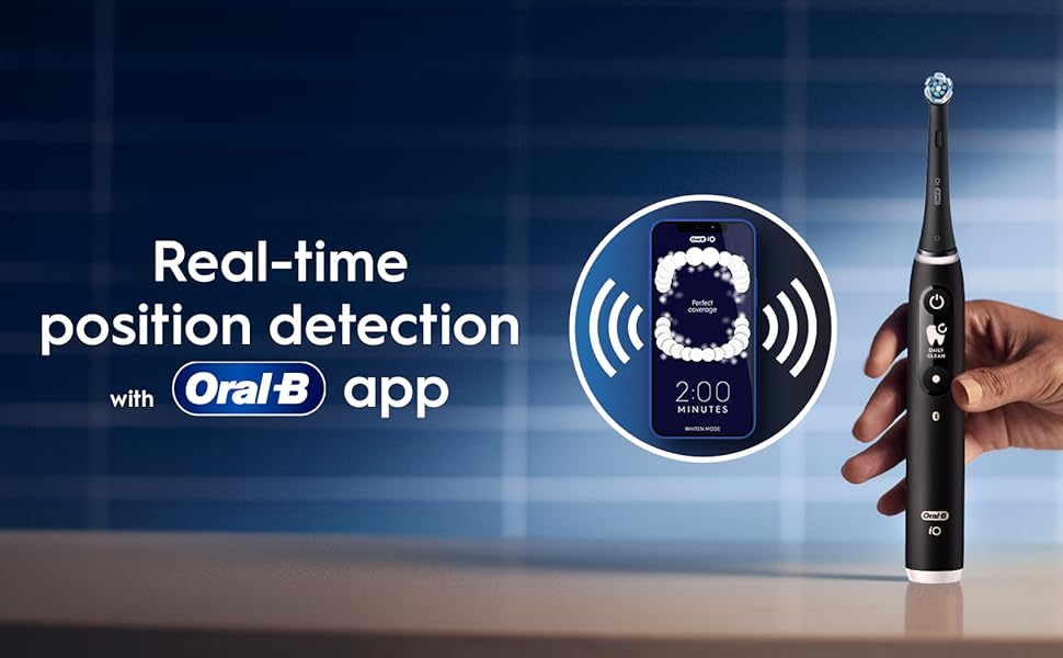 Text reads 'Real-time position detection via app'. Dark image showing electric toothbrush with wireless connectivity icon.