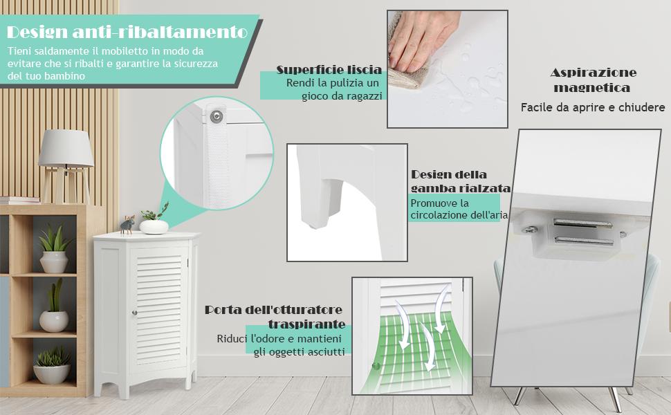 COSTWAY Armadietto Angolare In Legno A 3 Ripiani, Per Bagno Cucina E Salotto, Bianco 63,5 X 44,5 X 81 Cm 15 1