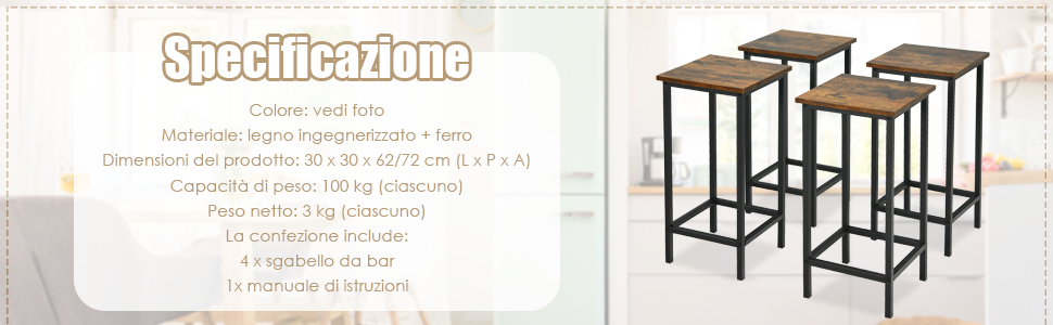 COSTWAY Set Di 4 Sgabelli Da Bar, Sgabello Sedie Alta Con Poggiapiedi, Stile Industriale Per Cucina, Soggiorno, Sala Da Pranzo, Capacità 100kg (30x30x62 Cm) 17 1