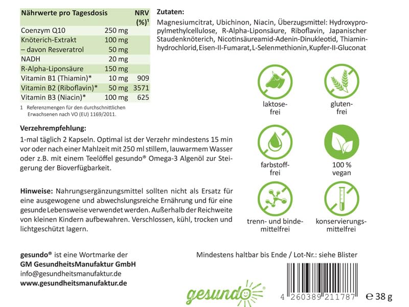 gesundo ZellPower PLUS NADH & Coenzym Q10 - Vegane Nahrungsergänzung ...