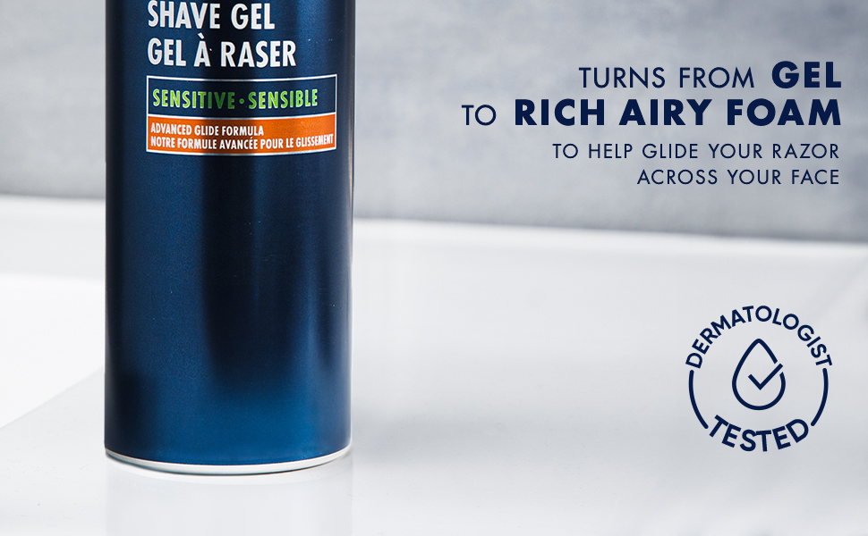 Bottom: Pro Sensitive Shave Gel bottle,turns from gel to a rich airy foam&is dermatologist tested