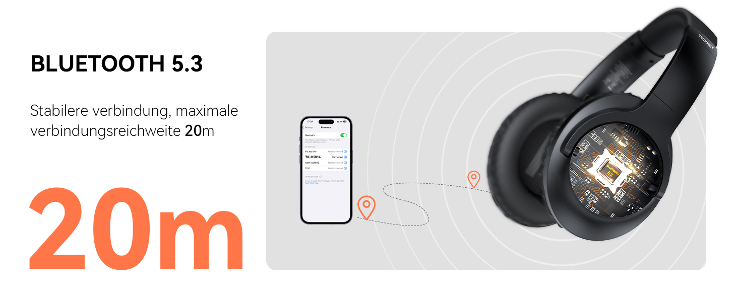 Kabellose Over-Ear-Kopfhörer mit Bluetooth 5.3-Konnektivität und einer Reichweite von 20 m. Das Bild zeigt Kopfhörer-, Smartphone- und Verbindungssymbole