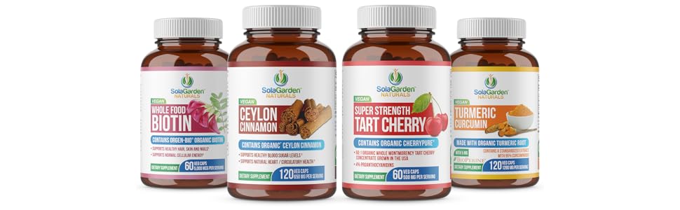 organic whole food non gmo biotin cinnamon turmeric curcumin tart cherry supplement vegan natural