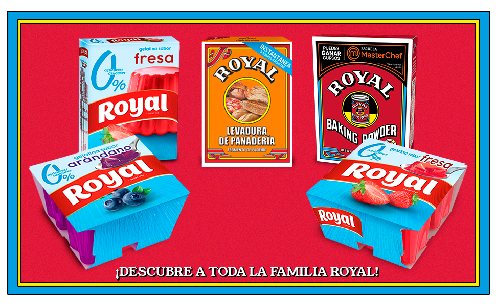 Expositor de empaque del producto que muestra varios bocadillos o alimentos dispuestos en forma de cuadrícula sobre un fondo rojo brillante con borde azul.