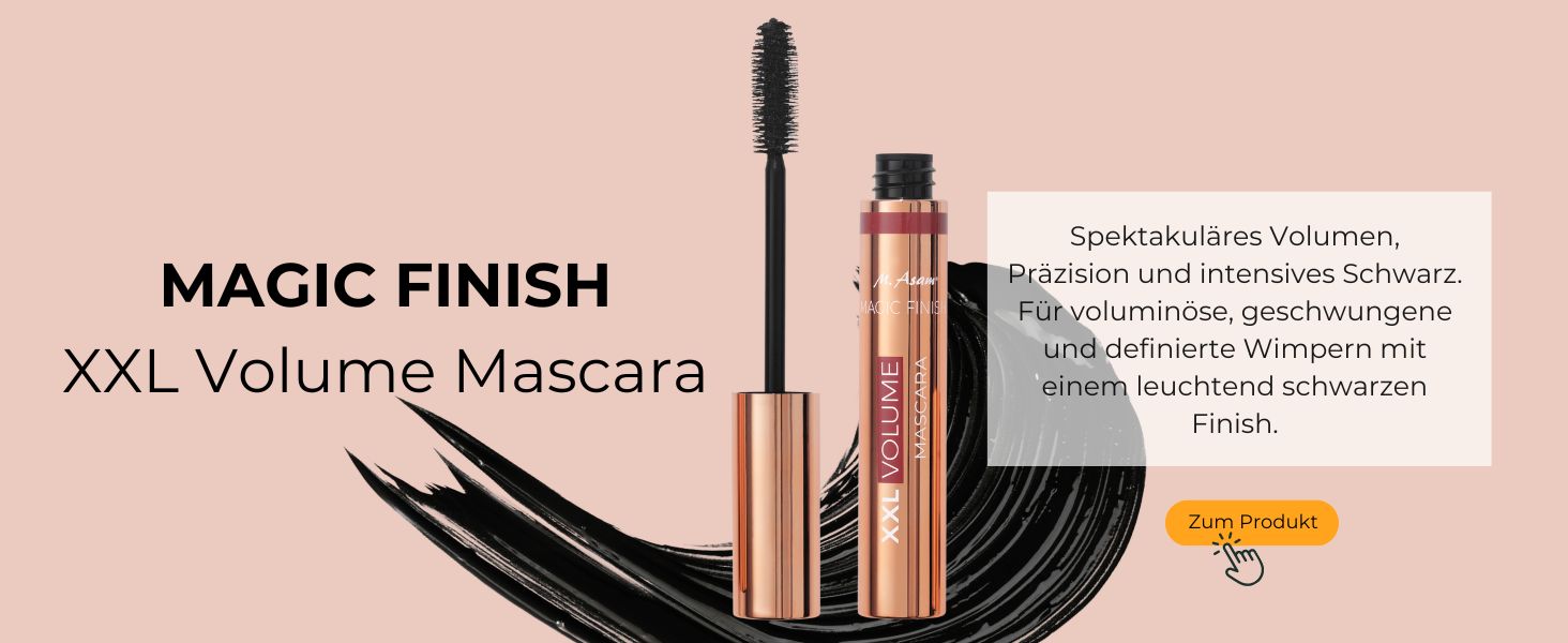 XXL-Volumen-Mascara-Produktbild mit goldener Tube und goldenem Zauberstab sowie Text, der die Vorteile von Volumen und Länge beschreibt