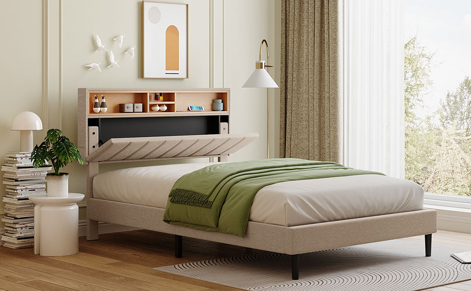 P PURLOVE Queen Size Upholstered Platform Bed Frame,Queen