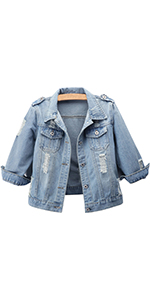 Slim 3/4 Sleeve Cropped Denim Jacket Distressed Ripped Lapel Trucker Button Down Jean Jacket Coat