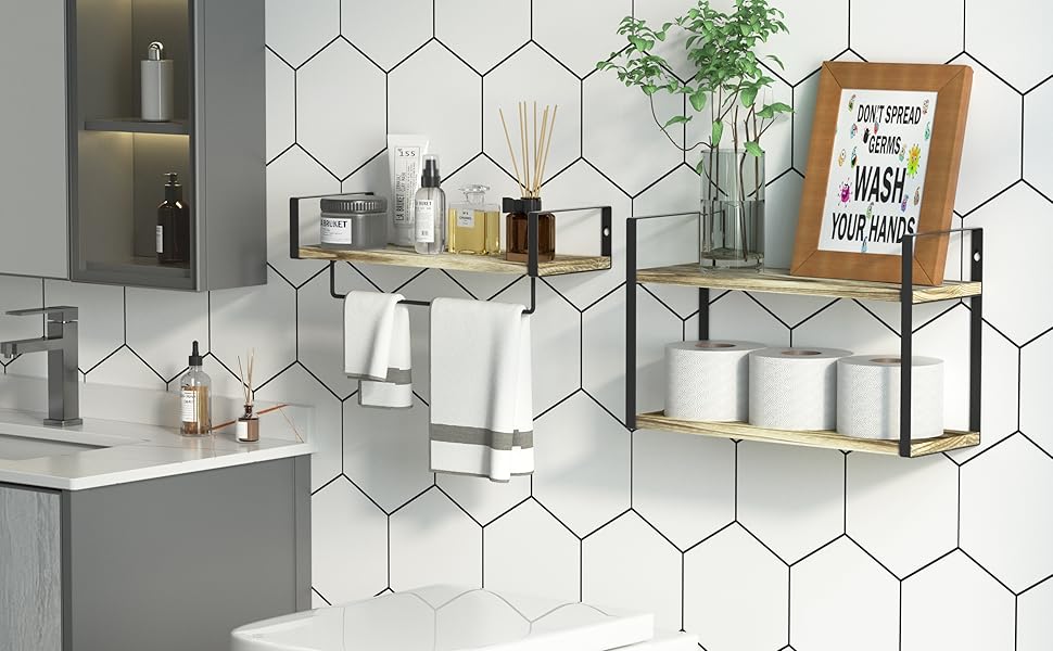 ZGO 2+1 Tier Floating Shelves Wall Mounted Set of 2, Rustic Wood Wall Shelves with