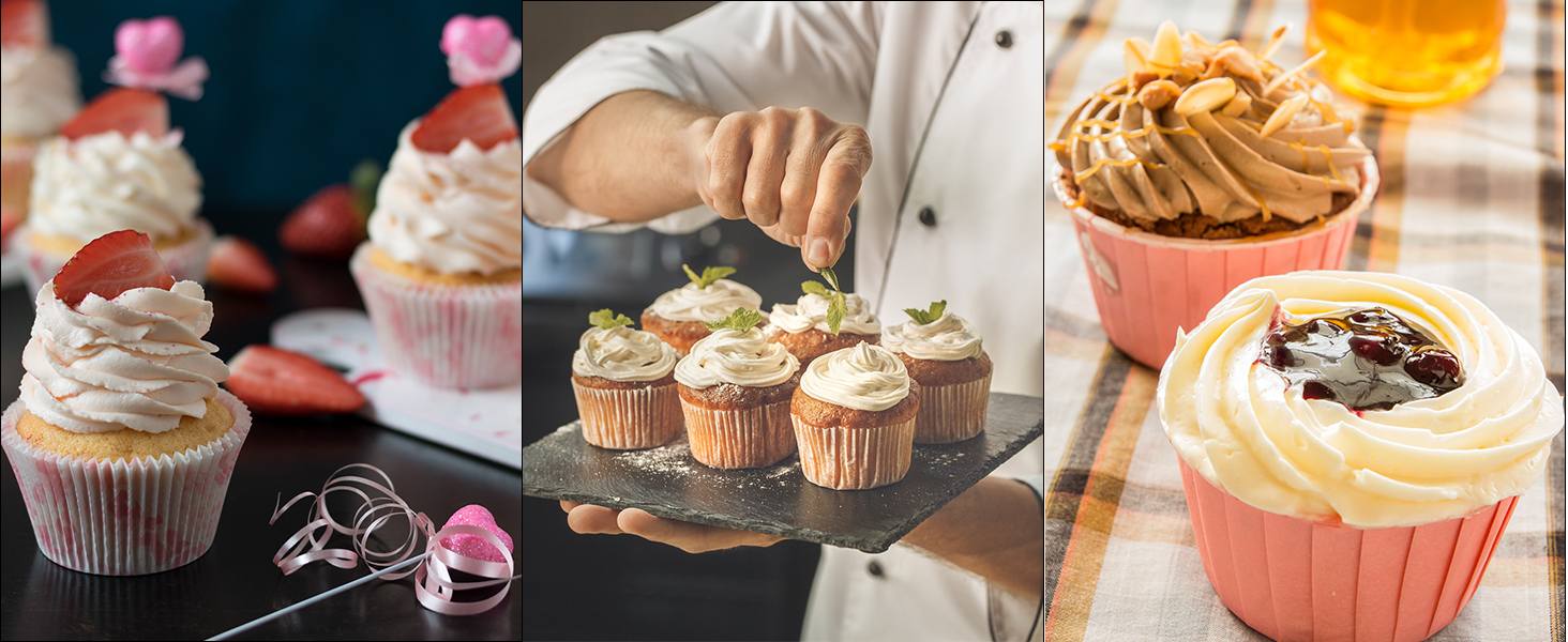 Collage aus Cupcakes und Gebäck. Enthält verzierte Cupcakes mit Zuckerguss, die Sahne des Küchenchefs und einen großen Cupcake oder Muffin mit gewirbeltem Belag