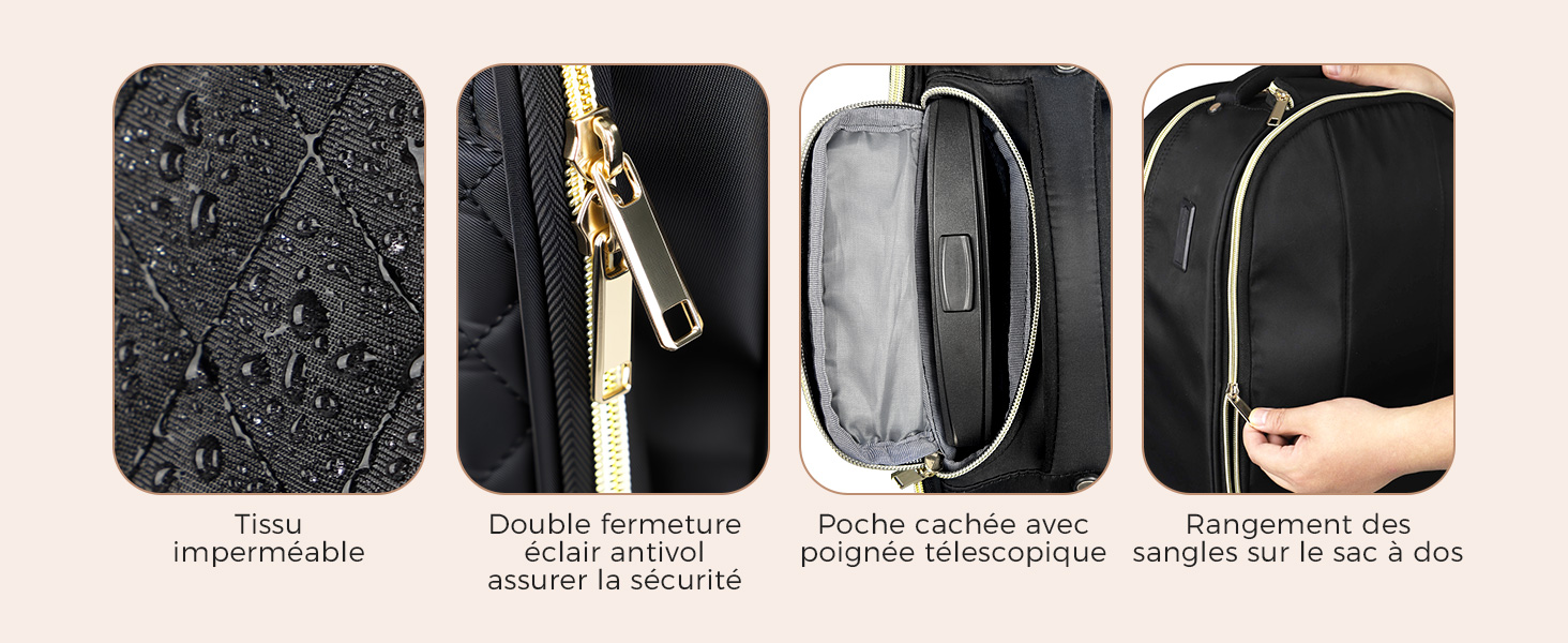 Démonstration en quatre panneaux d'une trousse de toilette de voyage noire présentant divers compartiments, une résistance à l'eau et une fonctionnalité de suspension.