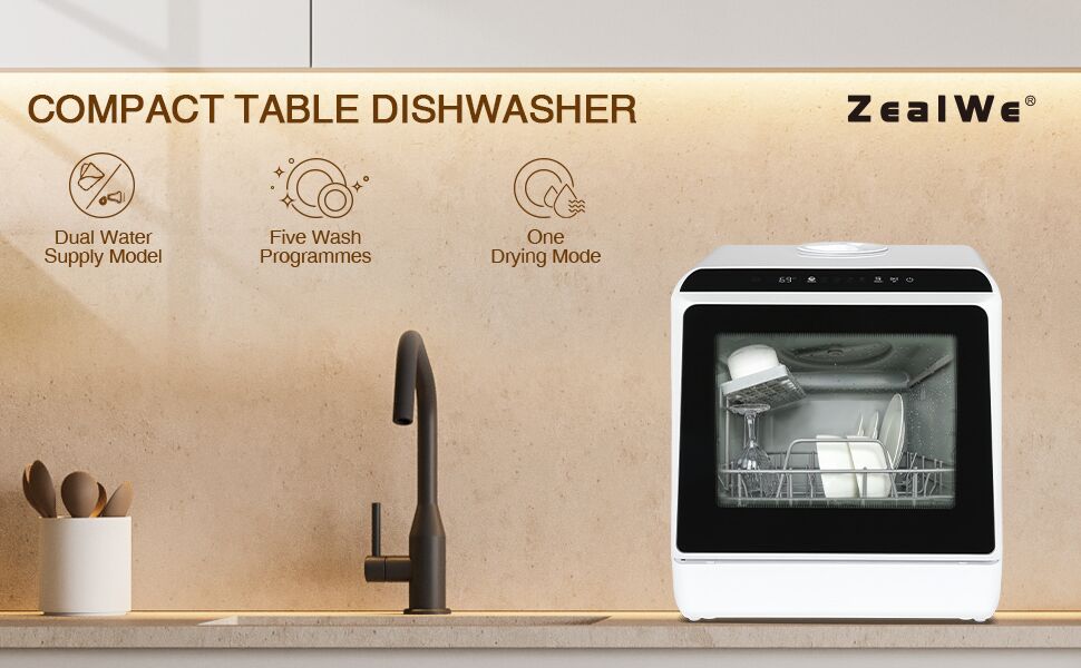 ZealWe Table Top Mini Dishwasher, Countertop Portable Dishwasher with 5