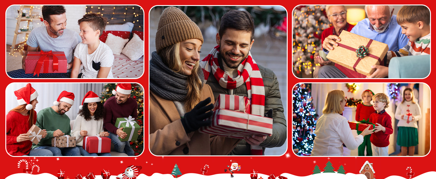 Collage of six holiday-themed images showing festive moments with decorated Christmas trees and American flag themed settings.