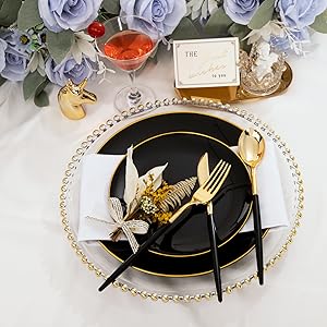 gold and black plastic knives gold and black spoons disposable forks with black handle