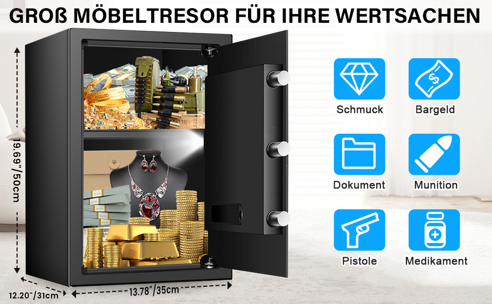 Large black security safe with three shelves, showing storage for valuables. Product dimensions and storage icons displayed.