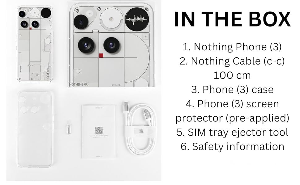Nothing Phone 3 box contents with cable, case, SIM tool
