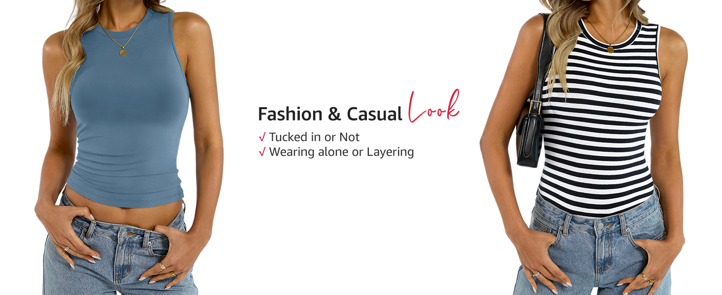 Womens Cotton High Neck Tank Tops Fitted Basic Sleeveless Shirts Summer Casual Striped Outfits
