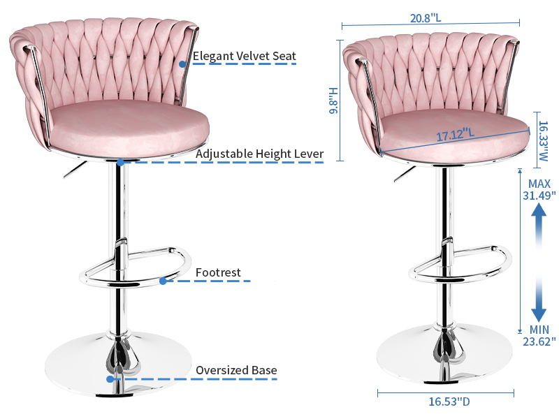 AWQM Velvet Bar Stool Set of 2,Counter Height Barstools