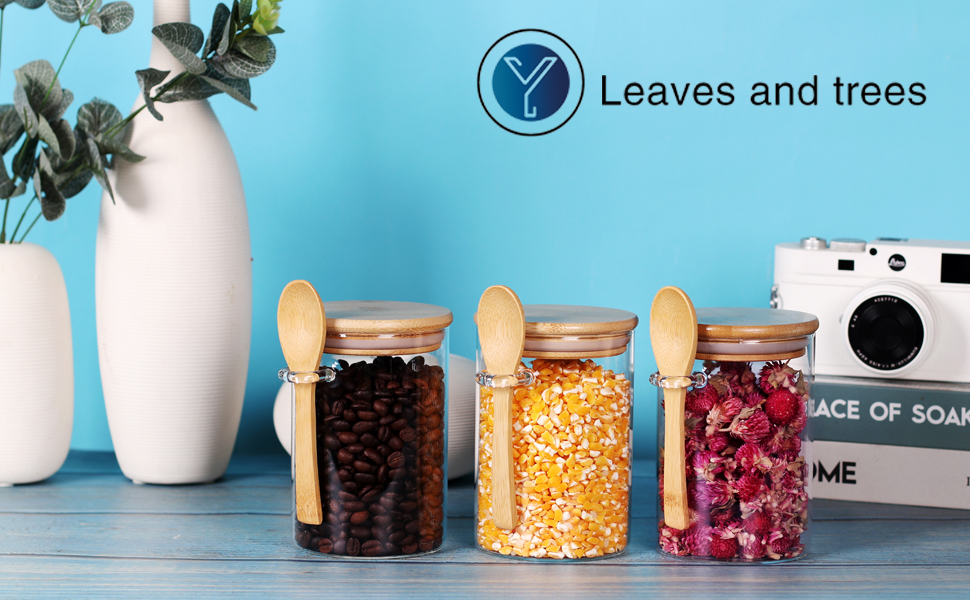LEAVES AND TREES Y Glass Jars with Bamboo Lids and Spoon