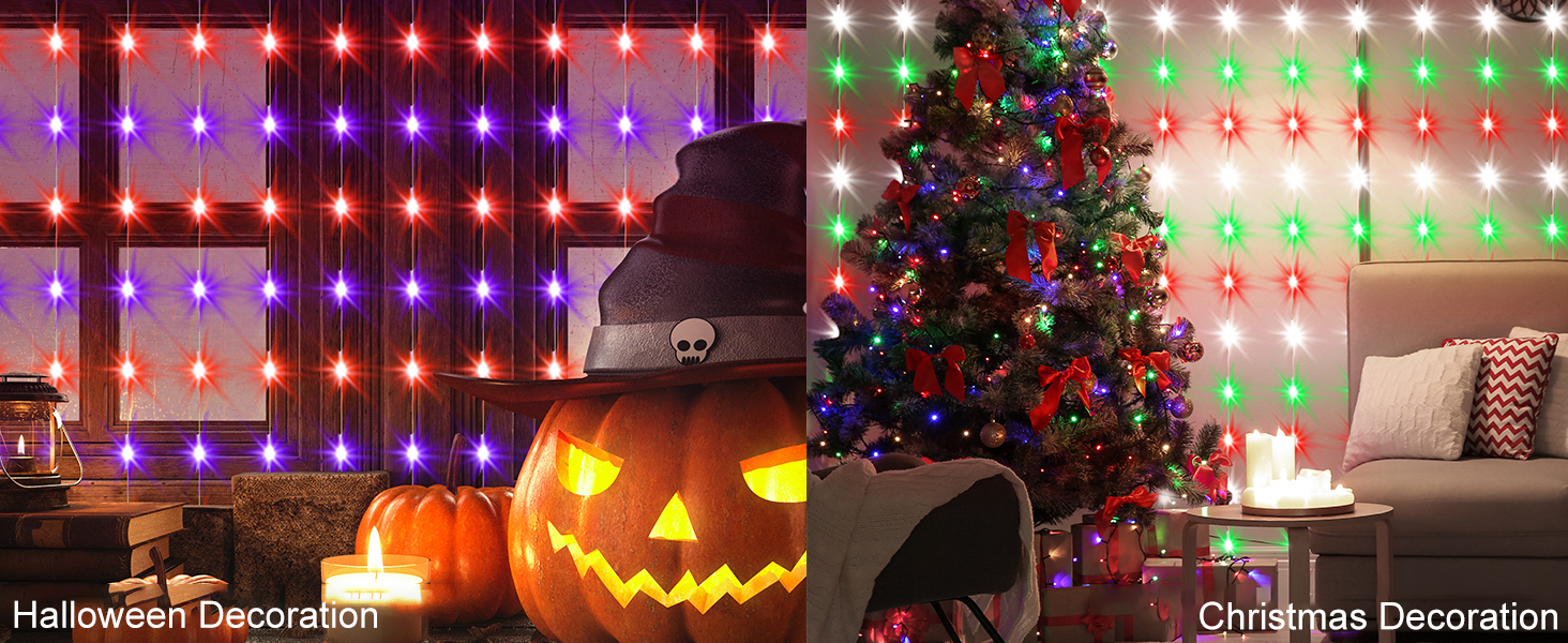 Split image comparing Halloween and Christmas decorations. Left: Jack-o'-lantern with colorful lights. Right: Christmas tree with lights and festive room decor.